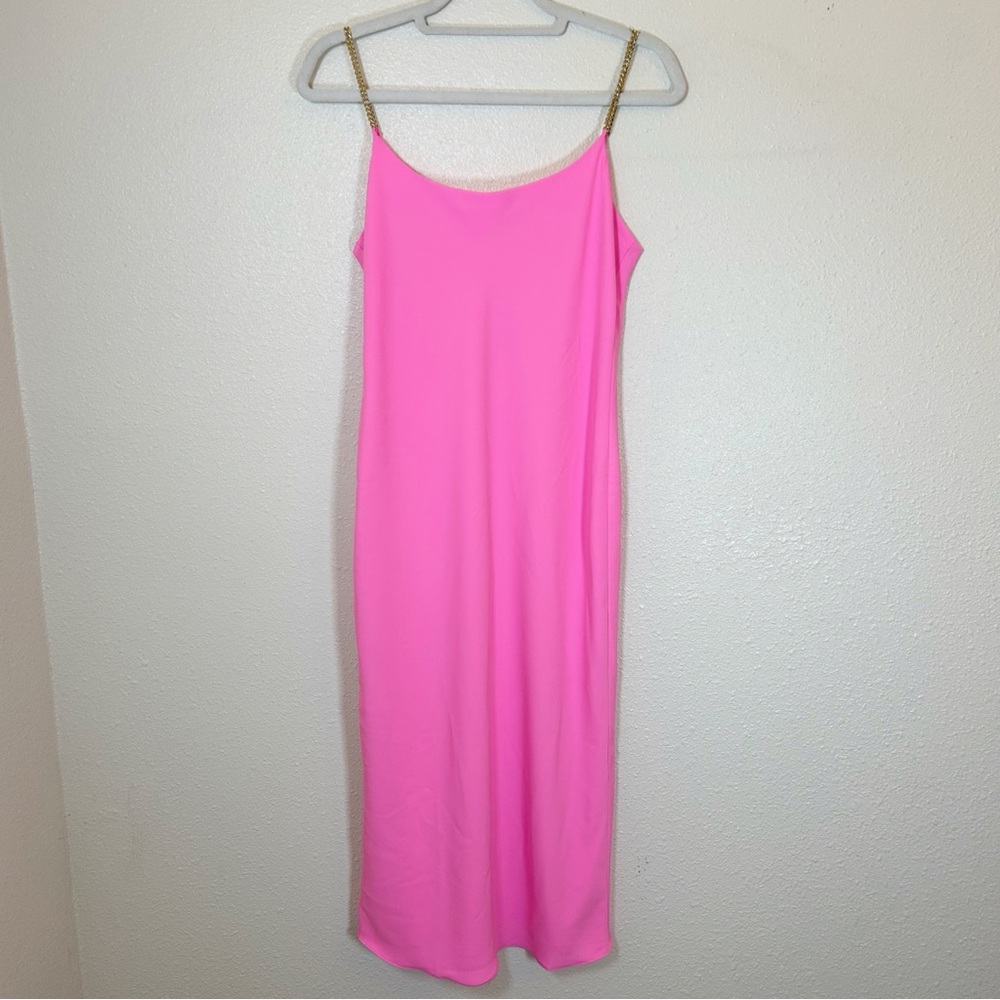Amanda Uprichard Hot Pink Silky Midi Slip Dress M Gold Chain Straps Barbie
